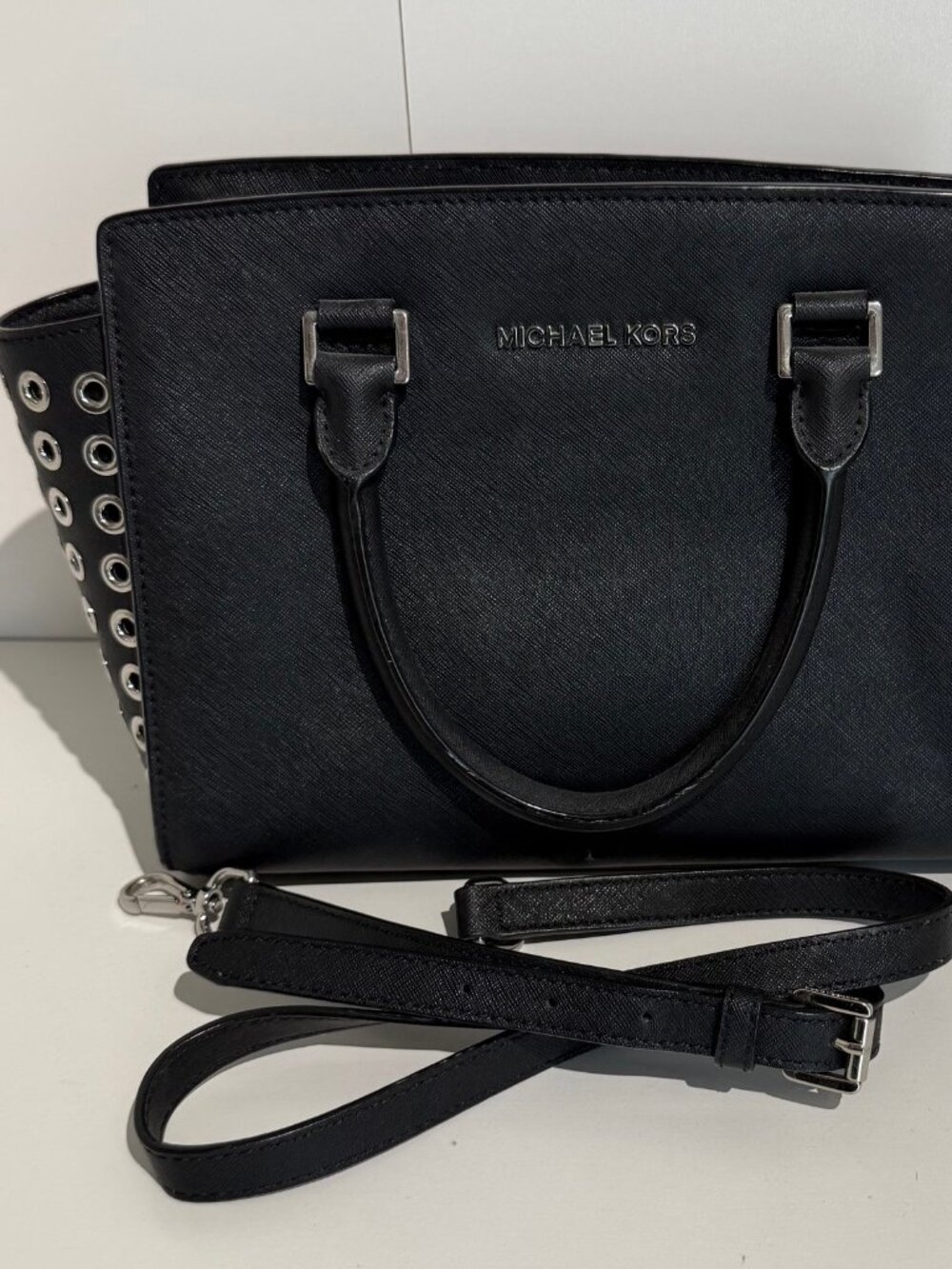 Michael Kors Black Satchel with Silver Eyelet Rivet Accents Crossbody Strap